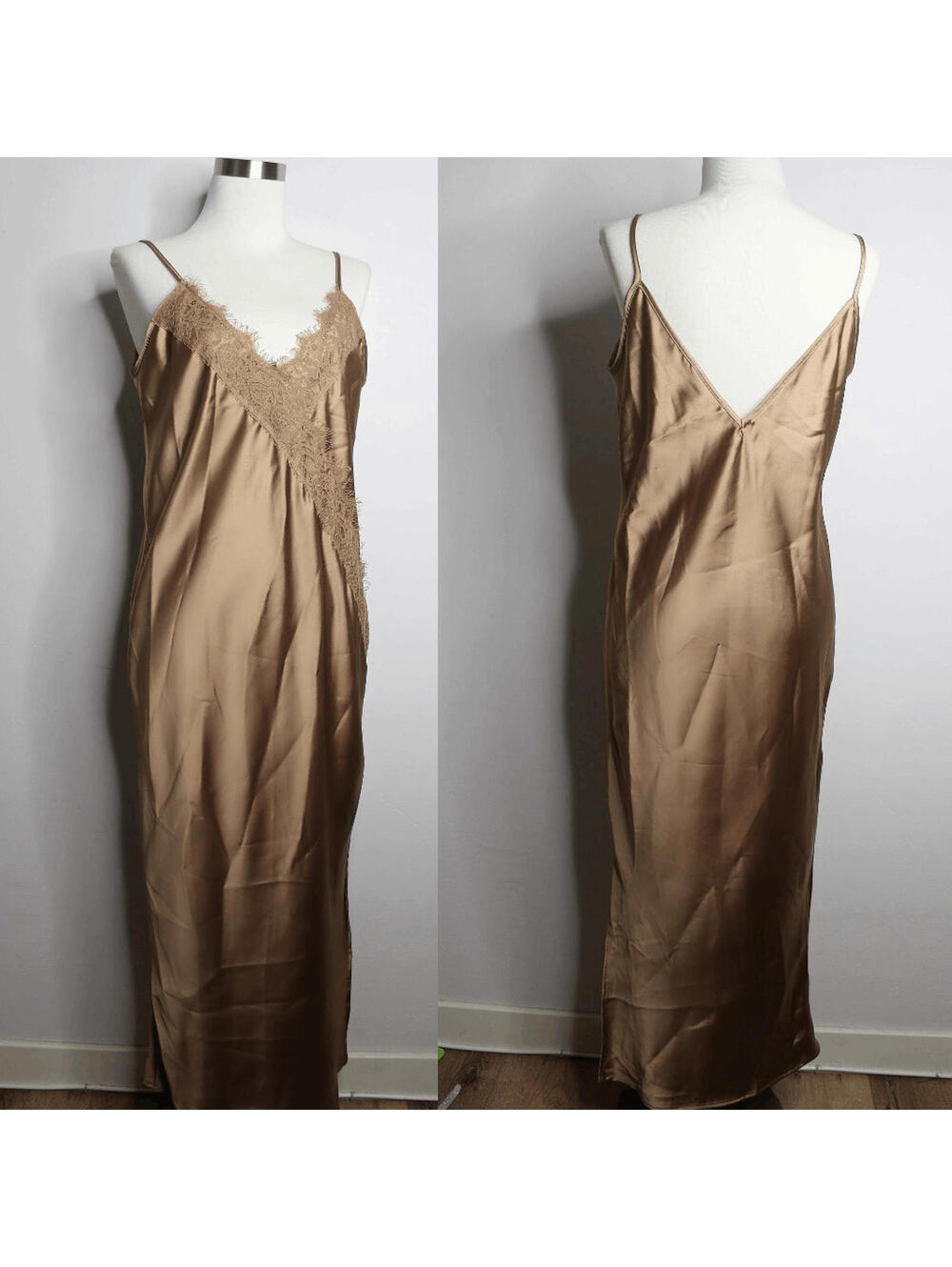 Topshop Bronze Satin Lace Maxi Slip Dress - 6